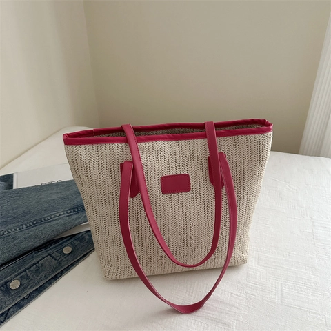Women Straw Woven Tote Bag Large Capacity Summer Beach Shoulder Bag Minimalist Patchwork Handbag For Vacation Everyday Use