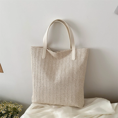 Damen Gewebte Stroh Einkaufstasche Große Kapazität Urban Minimalistische Schultertasche Lässige Sommer Strand Urlaub Handtasche Mit Magnetverschluss