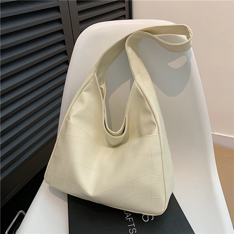 Retro Women Geometric Patchwork Shoulder Bag PU Leather Large Capacity Tote Bag Trendy Office Commuting Underarm Hobo Bag