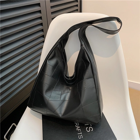 Retro Women Geometric Patchwork Shoulder Bag PU Leather Large Capacity Tote Bag Trendy Office Commuting Underarm Hobo Bag