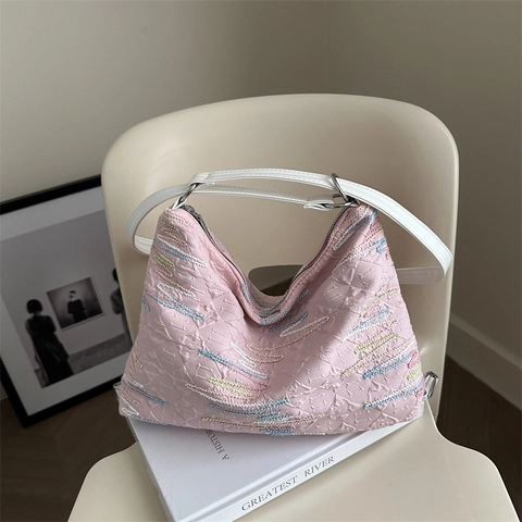 Damen Mode Segeltuch Einkaufstasche Wellenstickerei Faltenstruktur Schultertasche Lässig Hobo Unterarmtasche Für Den Alltag Reise