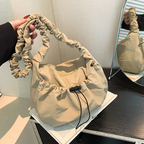 Bolso de Hombro Plisado para Mujer de Nailon con Correa Scrunchie Bolso Tote Nube con Cordón Color Sólido Casual para Diario