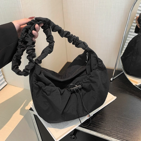 Bolso de Hombro Plisado para Mujer de Nailon con Correa Scrunchie Bolso Tote Nube con Cordón Color Sólido Casual para Diario