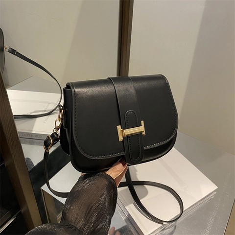 Women PU Leather Shoulder Bag Small Square Flap Bag With H Shaped Metal Buckle Korean Style Solid Color Crossbody Purse