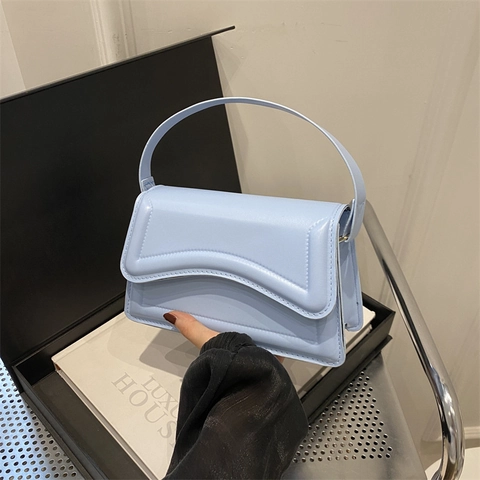 Women Solid Color PU Leather Handbag Wavy Trim Quilted Shoulder Bag Fashion Minimalist Small Square Crossbody Bag For Daily Use