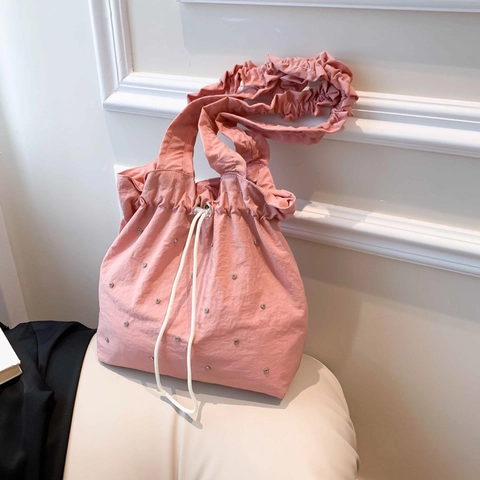 Bolso Tote Plisado con Pedrería para Mujer Gran Capacidad con Cordón Bolso de Hombro con Correa de Volantes Color Sólido Moda Casual