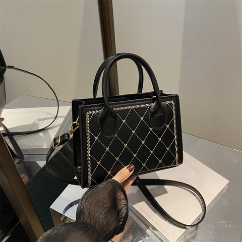 Women Quilted PU Leather Handbag With Heart Embroidery Vintage Top Handle Square Shoulder Crossbody Bag For Work Daily