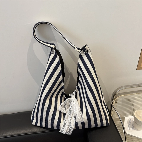Women Korean Style Large Capacity Zebra Stripe Canvas Tote Bag With White Lace Bow Summer Casual Underarm Shoulder Bag