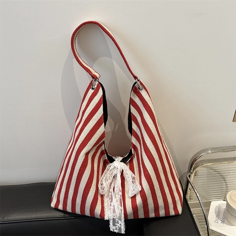 Women Korean Style Large Capacity Zebra Stripe Canvas Tote Bag With White Lace Bow Summer Casual Underarm Shoulder Bag