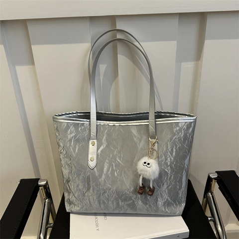 Women's Pleated PU Leather Tote Bag Large Capacity Minimalist Shoulder Bag With Plush Monster Pendant Fashion Handbag