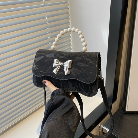 Bolso de Hombro para Mujer con Asa de Perlas Artificiales Bolso de Bandolera de Moda con Lazo Borde de Ola Color Sólido Cuero PU