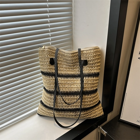 Women Large Capacity Straw Woven Tote Bag Summer Beach Striped Handwoven Shoulder Bag Minimalist Commute Vacation Handbag