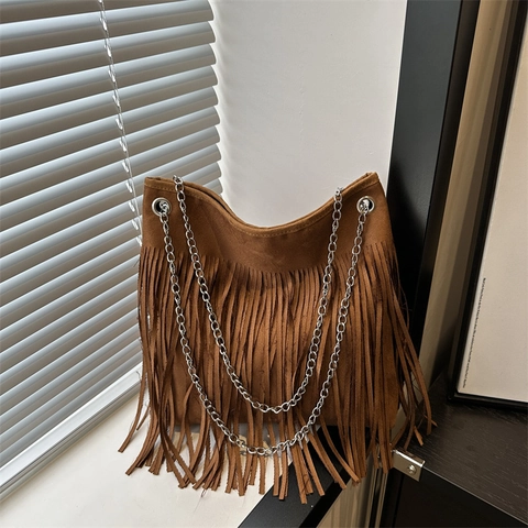 Bolso Tote Bohemio de Imitación de Gamuza para Mujer Bolso de Hombro Retro con Flecos y Correa de Cadena Marrón Negro