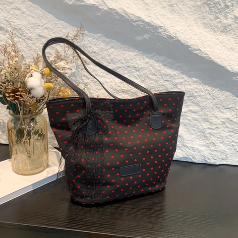Women Large Capacity Canvas Tote Bag With Lace Bow Polka Dot Heart Pattern Vintage Shoulder Bag For Casual Travel Daily Use