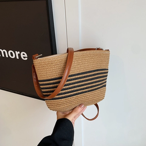 Damen Gestreifte Stroh Gewebte Eimertasche Minimalistische Lederriemen Schulter Umhängetasche Für Strand Urlaub Sommer Lässige Tasche