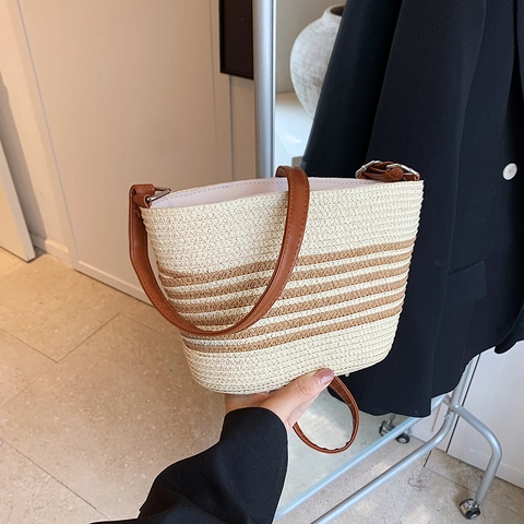 Damen Gestreifte Stroh Gewebte Eimertasche Minimalistische Lederriemen Schulter Umhängetasche Für Strand Urlaub Sommer Lässige Tasche