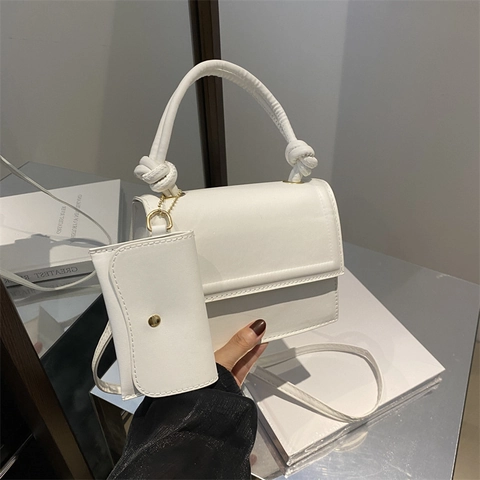 Women PU Leather Handbag With Mini Pouch Knot Handle Square Crossbody Bag Casual Street Shoulder Bag Adjustable Strap Jewelry Accessory