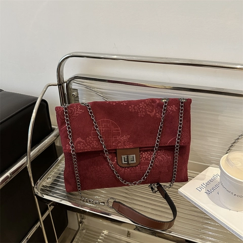 New Chinese Style Corduroy Tote Bag For Women Retro Embossed Floral Chain Shoulder Bag Large Capacity Crossbody Bag For Daily