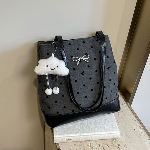 Borsa Tote da Donna Casual Pendolare Grande Capacità Motivo a Pois Fiocco PU Tessuto Patchwork Borsa a Spalla Con Pendente a Nuvola