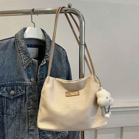 Casual Wafeltextuur Canvas Draagtas Voor Dames Met PU-lederen Band En Wolk Hanger Grote Capaciteit Schoudertas