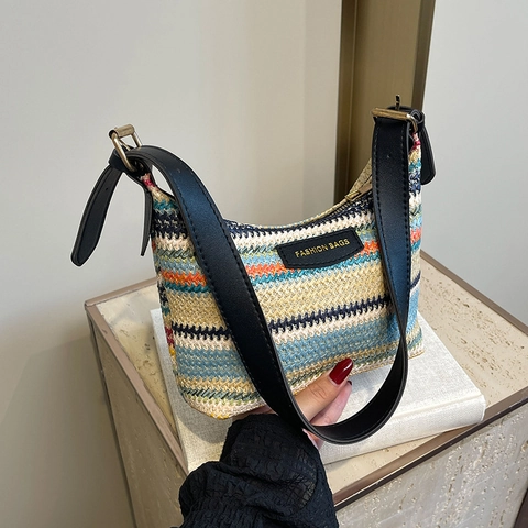 Bolso de Hombro de Paja Tejida con Rayas de Colores para Mujer Bohemio Verano Playa Bolso Correa Ajustable Cremallera Moda