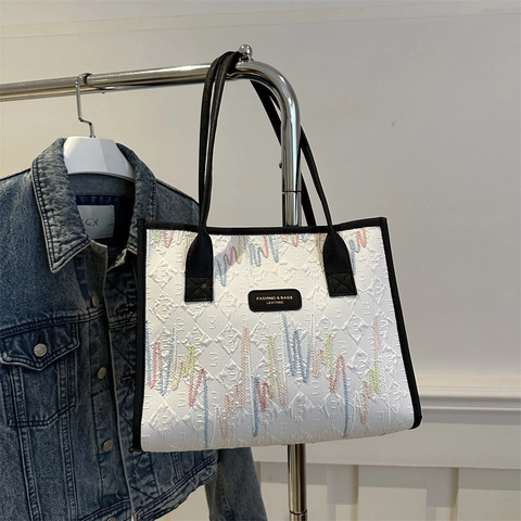 Women Vintage Tote Bag Rainbow Wave Embroidery Rhombus Quilted Oxford Cloth Synthetic Leather Casual Travel Daily Shoulder Bag