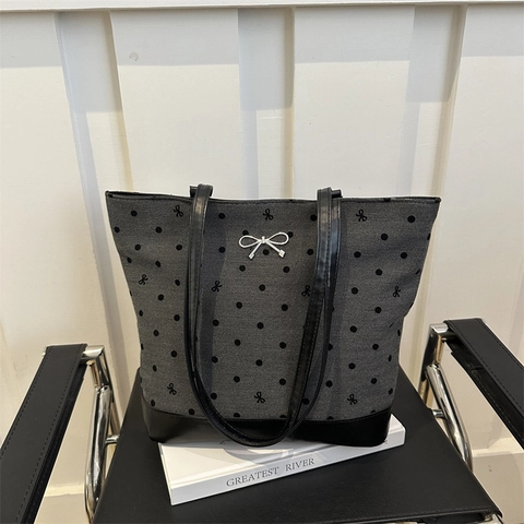 Borsa Tote da Donna in Tela Stile Preppy Grande Capacità a Pois Motivo a Cuore Borsa a Tracolla Con Fiocco Grigio