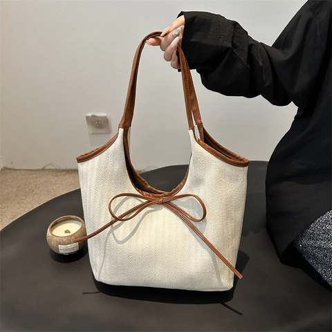 Bolso Tote de Gran Capacidad para Mujer en Algodón Lino Con Lazo Color de Contraste Bolso de Hombro para Oficina Estilo Casual Simple
