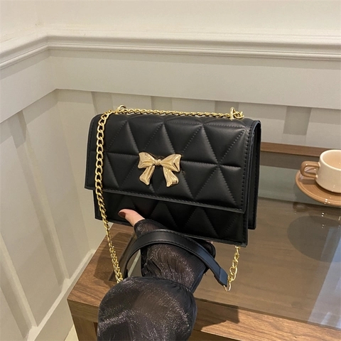 Damen Mode Gesteppte PU Leder Umhängetasche Goldene Schleife Kette Schulter Kleine Quadratische Tasche
