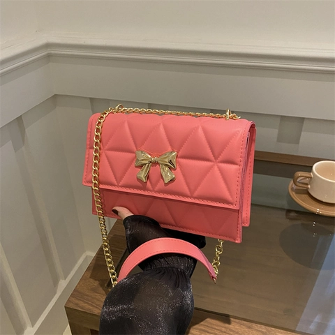 Damen Mode Gesteppte PU Leder Umhängetasche Goldene Schleife Kette Schulter Kleine Quadratische Tasche