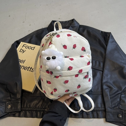 Vintage Cord Rucksack Erdbeere Print Mini Tagesrucksack Für Damen Mädchen Casual Kleine Umhängetasche Mit Plüsch Anhänger