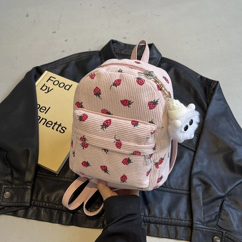 Vintage Cord Rucksack Erdbeere Print Mini Tagesrucksack Für Damen Mädchen Casual Kleine Umhängetasche Mit Plüsch Anhänger