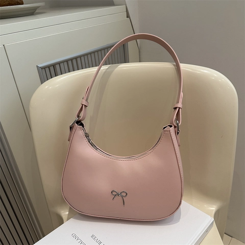 Women Bow Decoration Underarm Bag PU Leather Minimalist Half Moon Hobo Bag Small Shoulder Handbag Chic Daily Fashion Bag