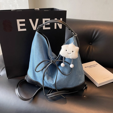 Große Kapazität Leinwand Denim Tragetasche Für Damen Mit Wolke Plüsch Anhänger Koreanischer Stil Lässiger Schulter Rucksack