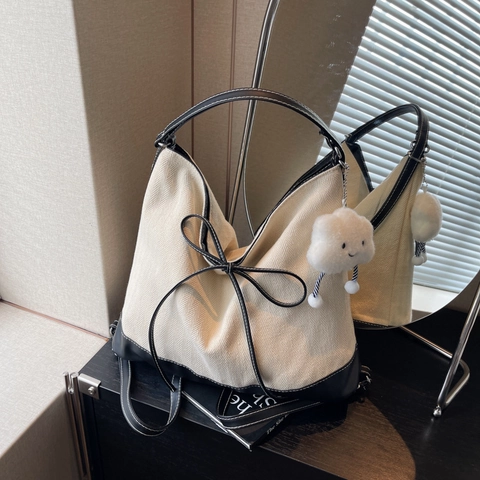 Große Kapazität Leinwand Denim Tragetasche Für Damen Mit Wolke Plüsch Anhänger Koreanischer Stil Lässiger Schulter Rucksack