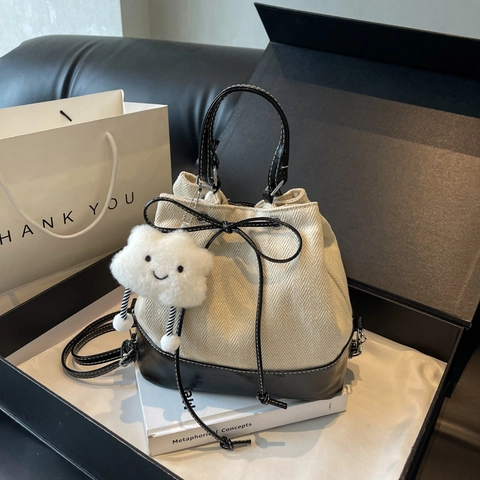 Women Minimalist Canvas PU Stitching Bucket Bag Herringbone Pattern Contrast Color Drawstring Shoulder Bag With Cloud Charm
