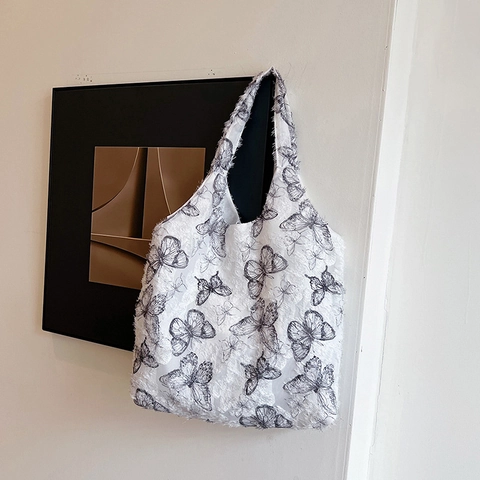 Bolso Tote de Lona con Encaje de Mariposa Vintage para Mujer Gran Capacidad Bolso de Hombro con Bordado 3D para Escuela
