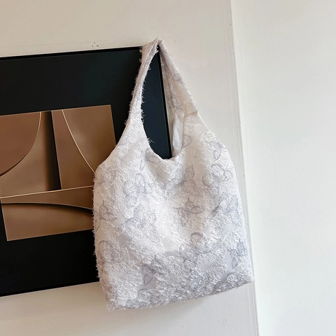 Women Vintage Butterfly Lace Canvas Tote Bag Large Capacity 3D Embroidery Shoulder Bag For School Shopping Work Daily