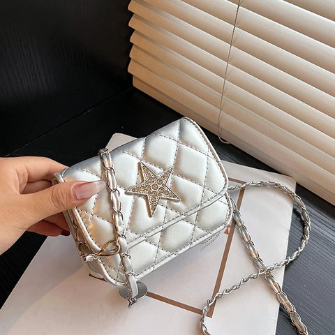 Women's Mini Quilted Chain Square Bag Fashion Rhinestone Star Crossbody Bag Chic PU Leather Shoulder Bag For Daily Party