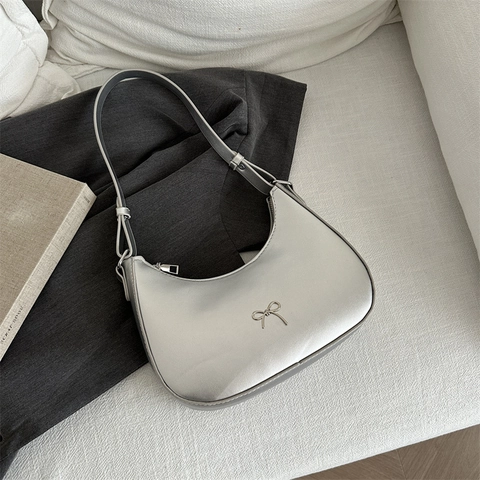 Vintage PU Leather Hobo Underarm Bag For Women Metallic Bow Decor Shoulder Crossbody Bag Minimalist Solid Color Handbag
