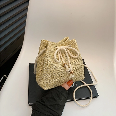 Damen Stroh Gewebte Eimertasche Kordelzug Verschluss Quaste Holzperlen Lässige Urlaub Strand Umhängetasche Schultertasche