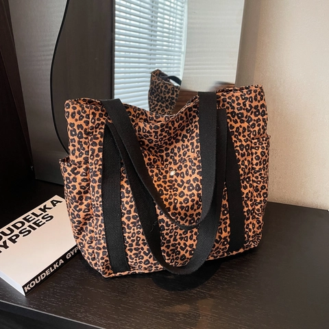 Dames Canvas Draagtas Luipaardprint Grote Capaciteit Woonwerkverkeer Koreaanse Stijl Casual Schoudertas Dagelijks Handtas