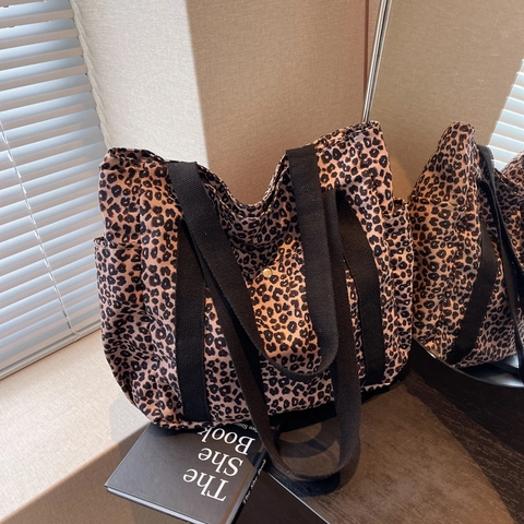 Damen Mode Leopardenmuster Segeltuch Tragetasche Große Kapazität Schultertasche Casual Täglich Pendler Handtasche Vielseitige Reisetasche
