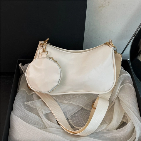 Bolso de Axila Baguette de Cuero PU para Mujer Moda Bandouliera Dos en Uno Color Sólido Con Correa Ancha