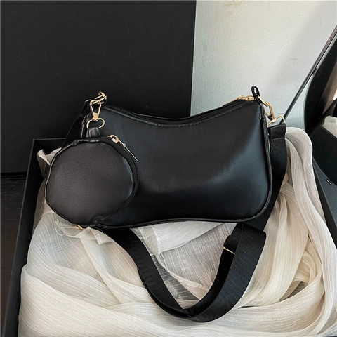 Bolso de Axila Baguette de Cuero PU para Mujer Moda Bandouliera Dos en Uno Color Sólido Con Correa Ancha