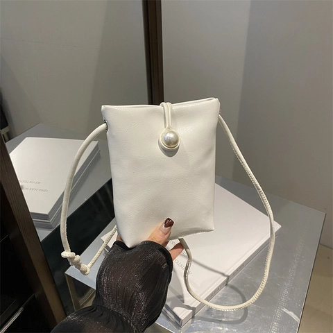 Borsa Mini per Cellulare in Stile Francese Minimalista per Donna Pelle PU Decorazione Perla Artificial Sintetica Tracolla Intrecciata