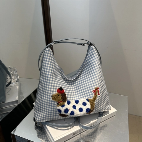 Damen Gingham Segeltuch Tragetasche Süßer Dackel Stickerei Schultertasche Hellblau Weiß Kariert Achseltasche Lässige Alltagshandtasche