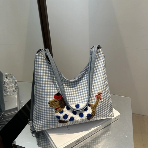 Damen Gingham Segeltuch Tragetasche Süßer Dackel Stickerei Schultertasche Hellblau Weiß Kariert Achseltasche Lässige Alltagshandtasche