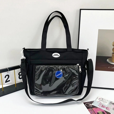 Japanese Style Cute Nylon Tote Bag For Women Large Capacity Transparent Pocket Shoulder Bag For College Student School Commute Messenger Bag Adjustable Strap
