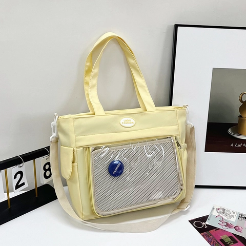 Japanese Style Cute Nylon Tote Bag For Women Large Capacity Transparent Pocket Shoulder Bag For College Student School Commute Messenger Bag Adjustable Strap